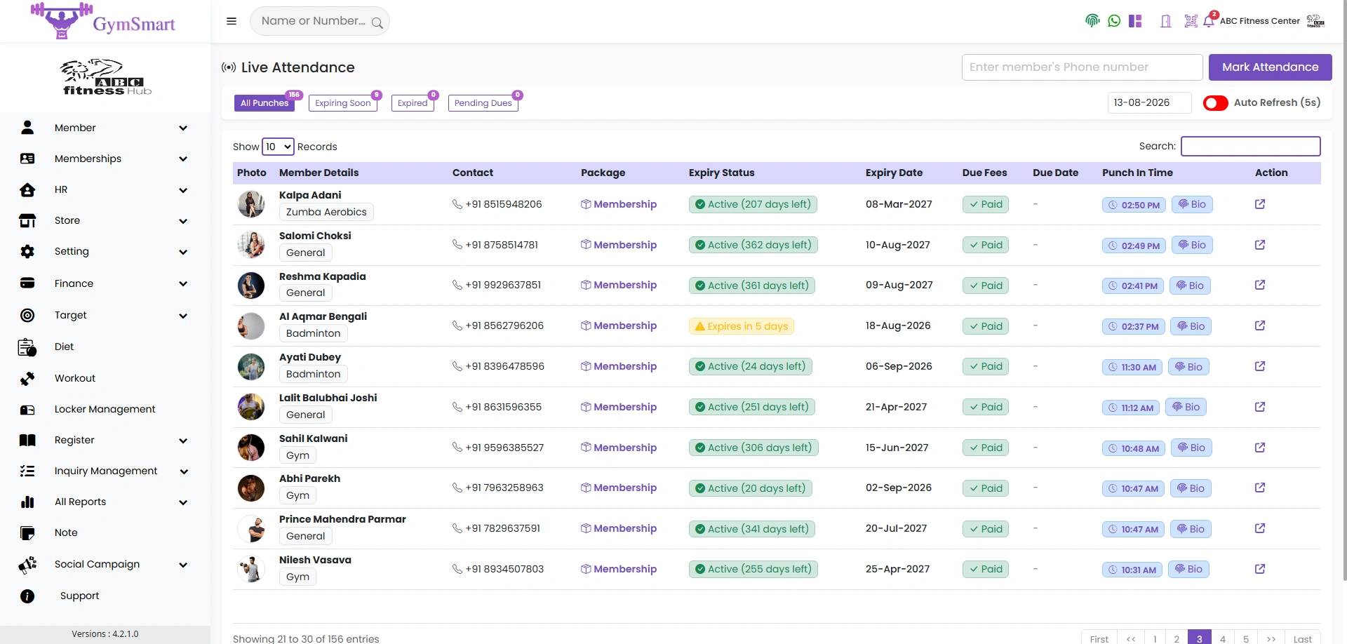 Biometric access control and automated gym attendance management software
